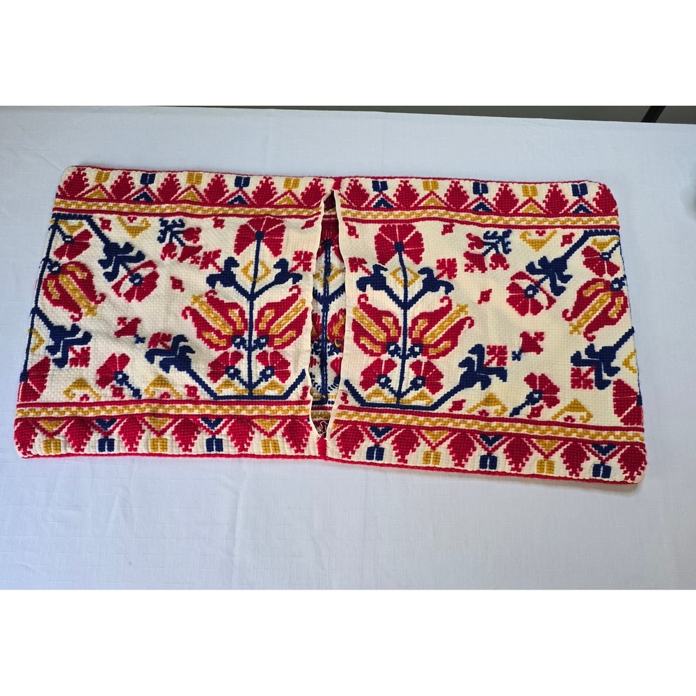 Vintage Folk Art Needlepoint Bird Lumbar Pillow Cover Red Blue Yellow 28x16 - Picture 2 of 4